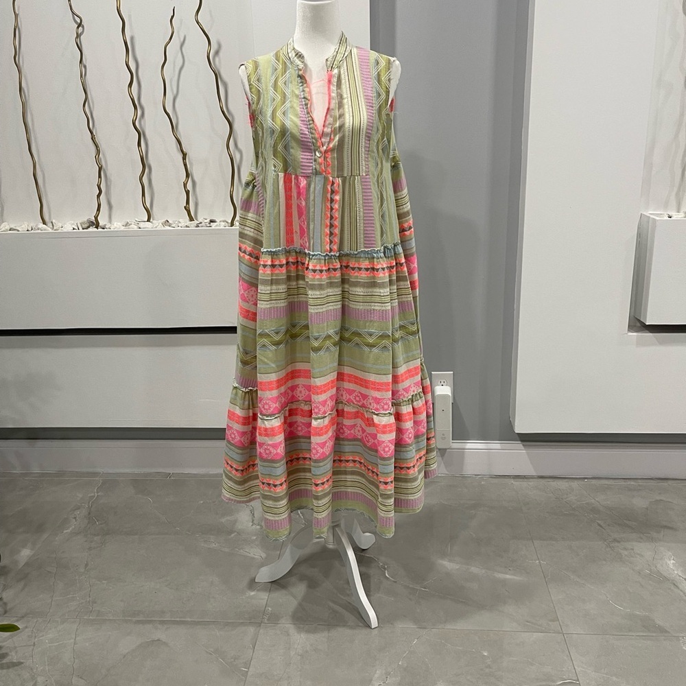 Pink and Green Sleeveless V-Neck Maxi Sundress